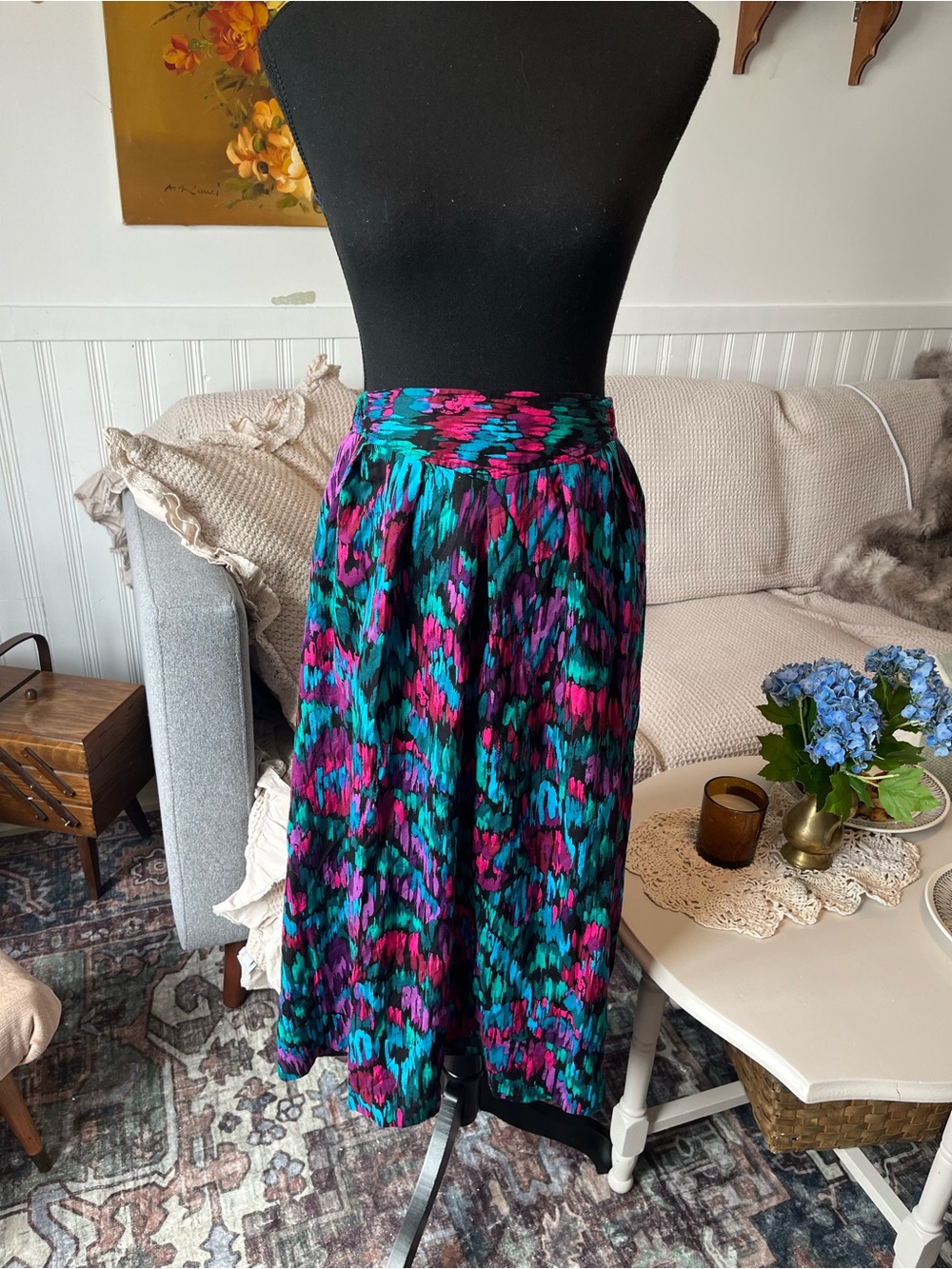 Women’s Vintage Vibrant Teal & Fuchsia Printed Midi Skirt - Size XL 36” Waist